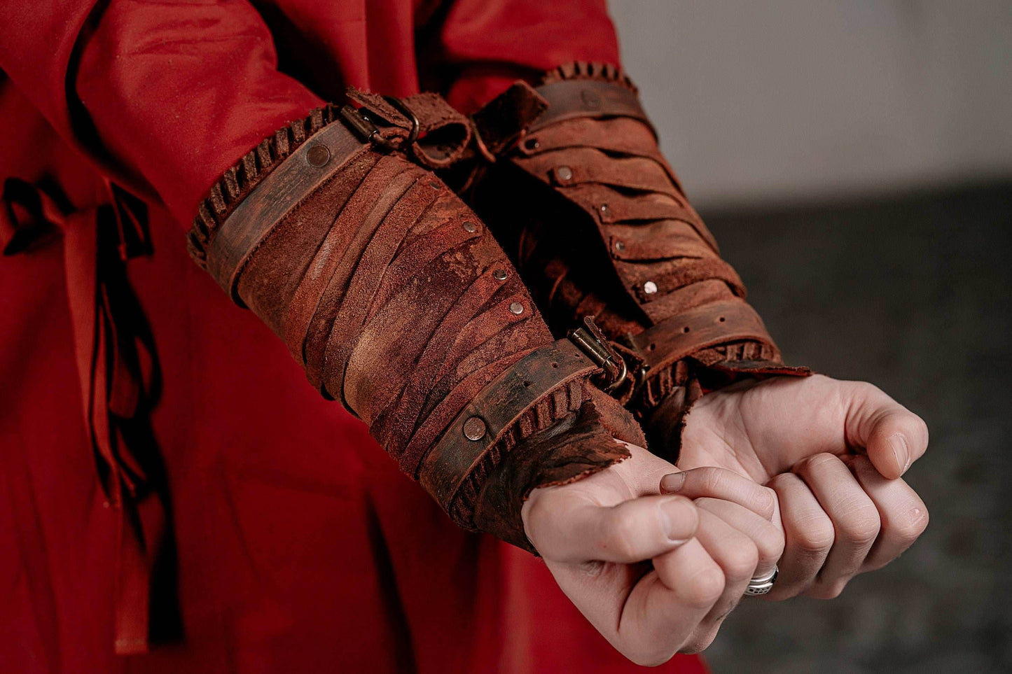 Medieval leather bracers for Larp - brown (as pictured) / For two hands