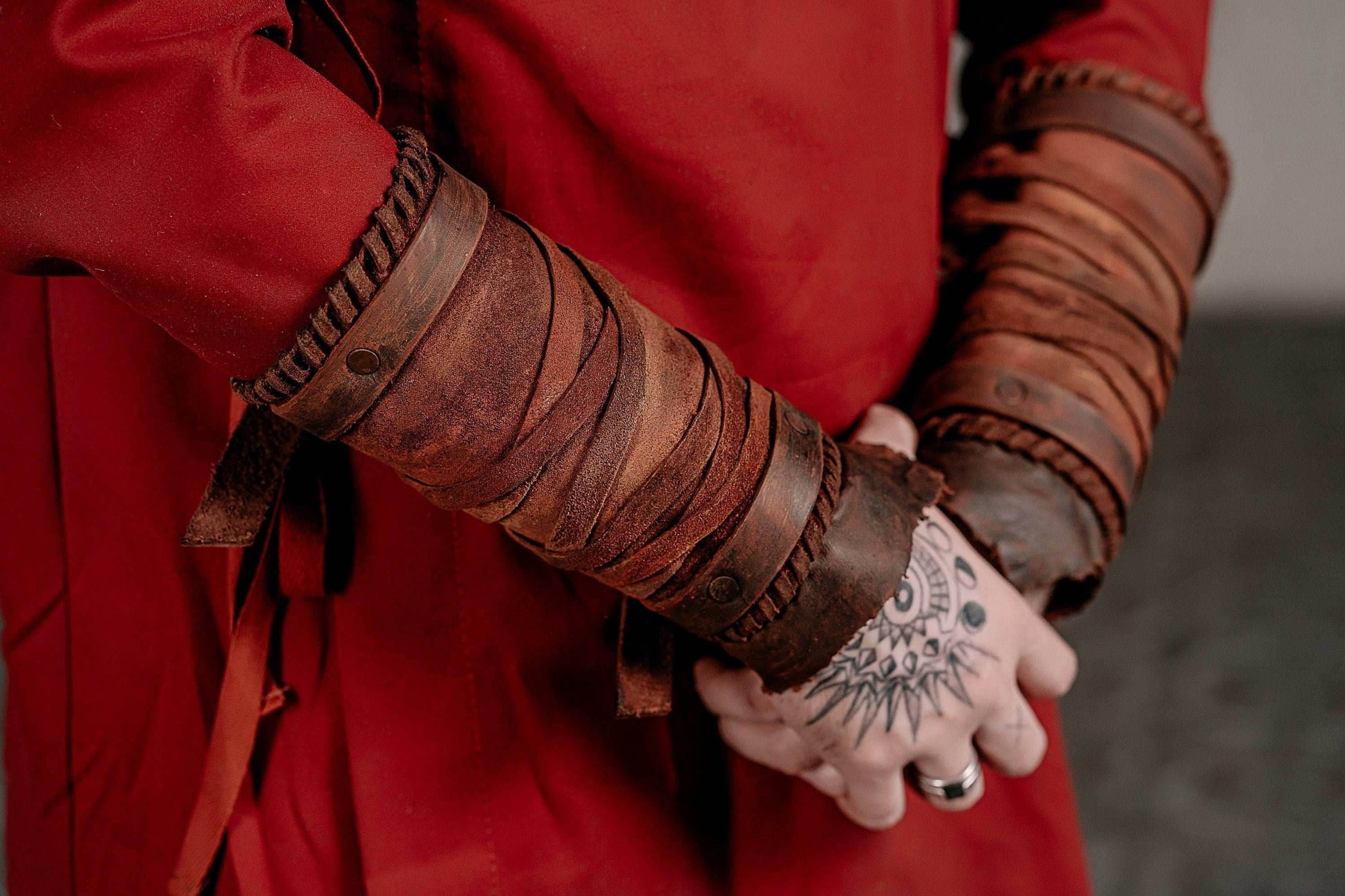 Medieval leather bracers for Larp - brown (as pictured) / For two hands