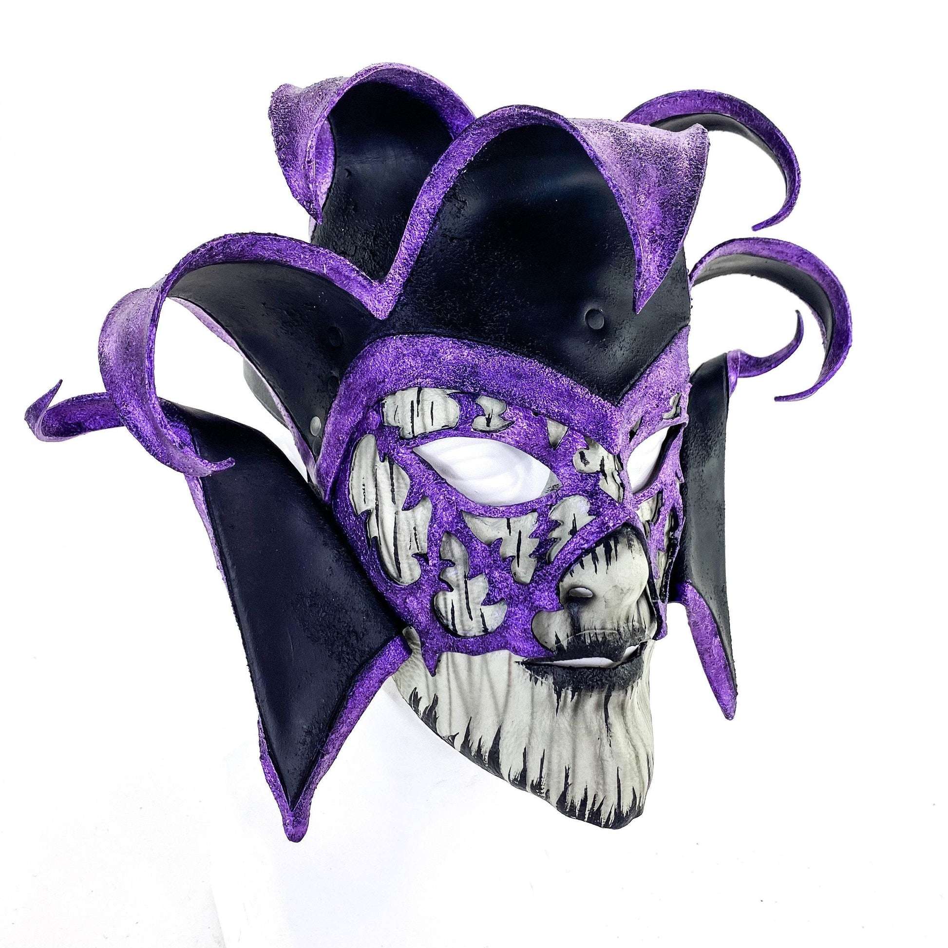 Venetian inspired Jester Mask in Purple and Black - Wearable or Wall Art - Handmade Genuine Leather - 