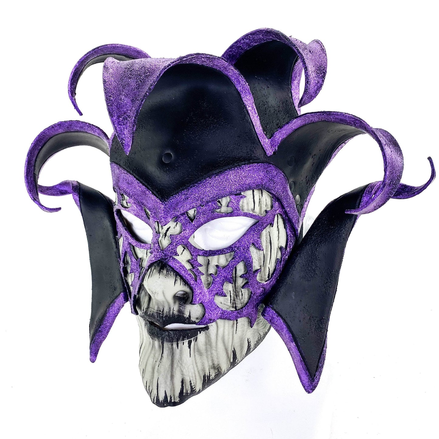 Venetian inspired Jester Mask in Purple and Black - Wearable or Wall Art - Handmade Genuine Leather - 