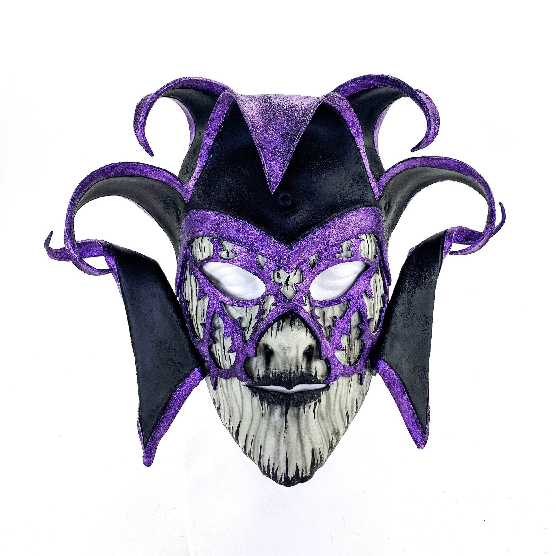 Venetian inspired Jester Mask in Purple and Black - Wearable or Wall Art - Handmade Genuine Leather - 