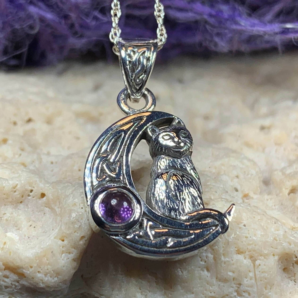 Celtic Cat in the Moon Necklace - 18 / Amethyst