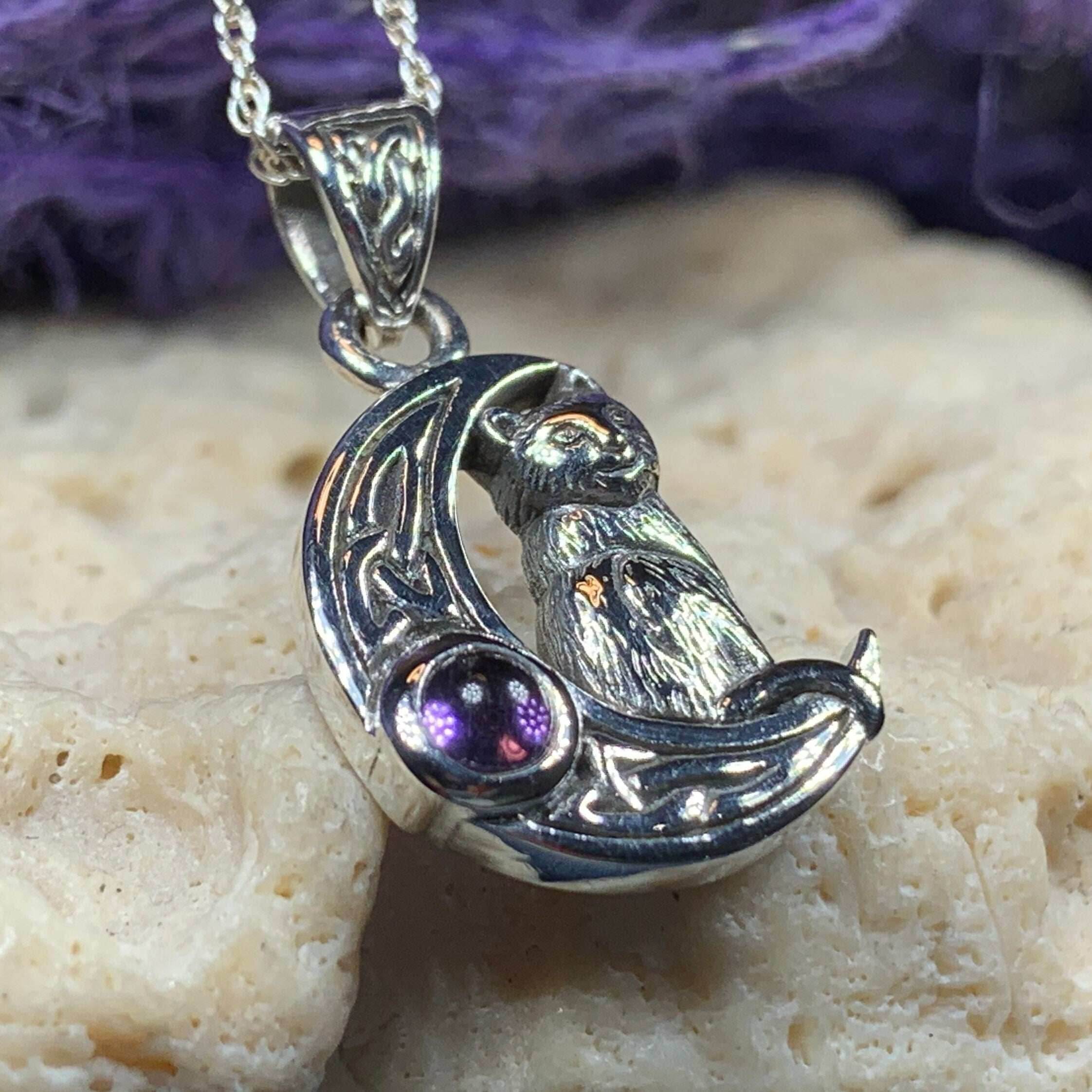 Celtic Cat in the Moon Necklace - 18 / Amethyst