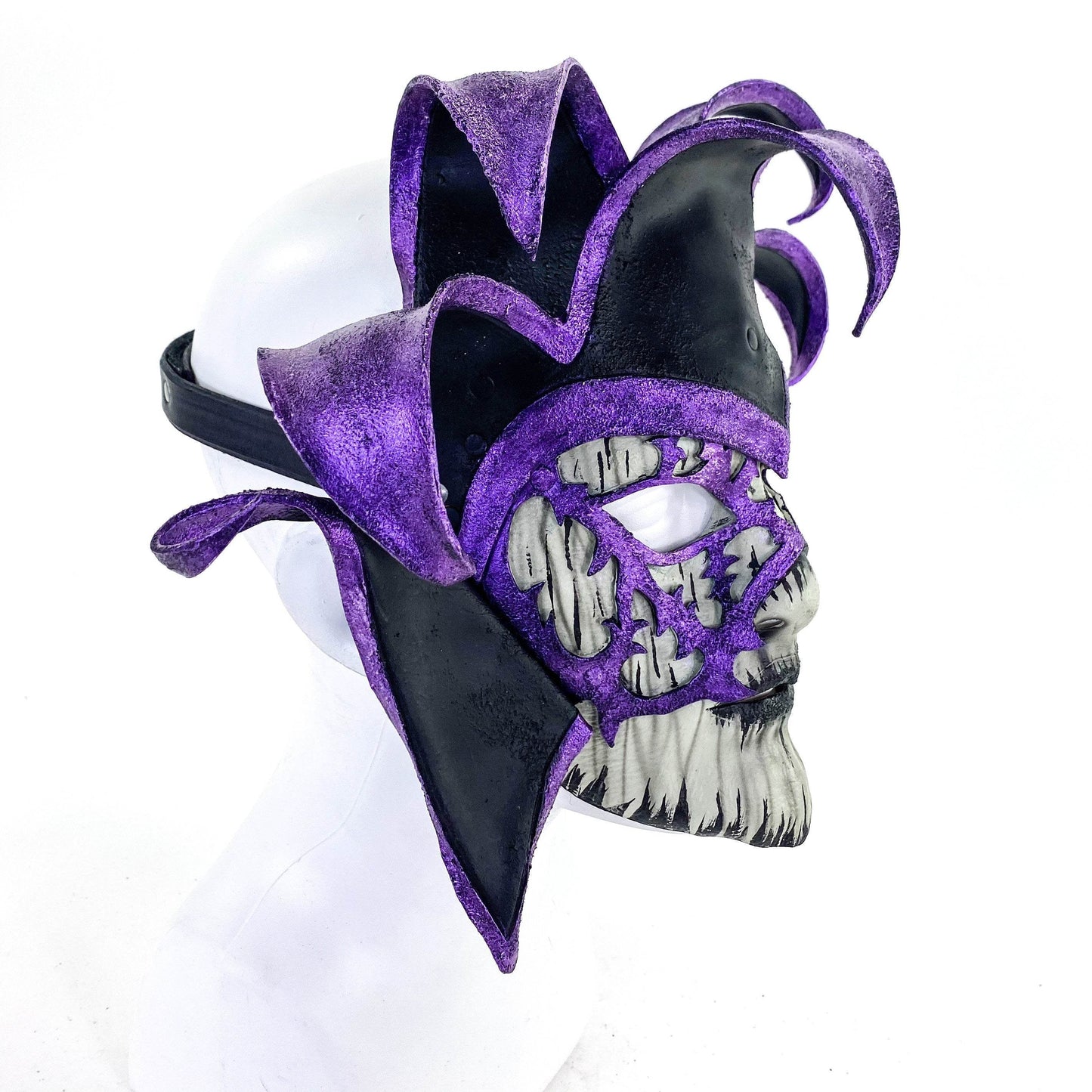 Venetian inspired Jester Mask in Purple and Black - Wearable or Wall Art - Handmade Genuine Leather - 