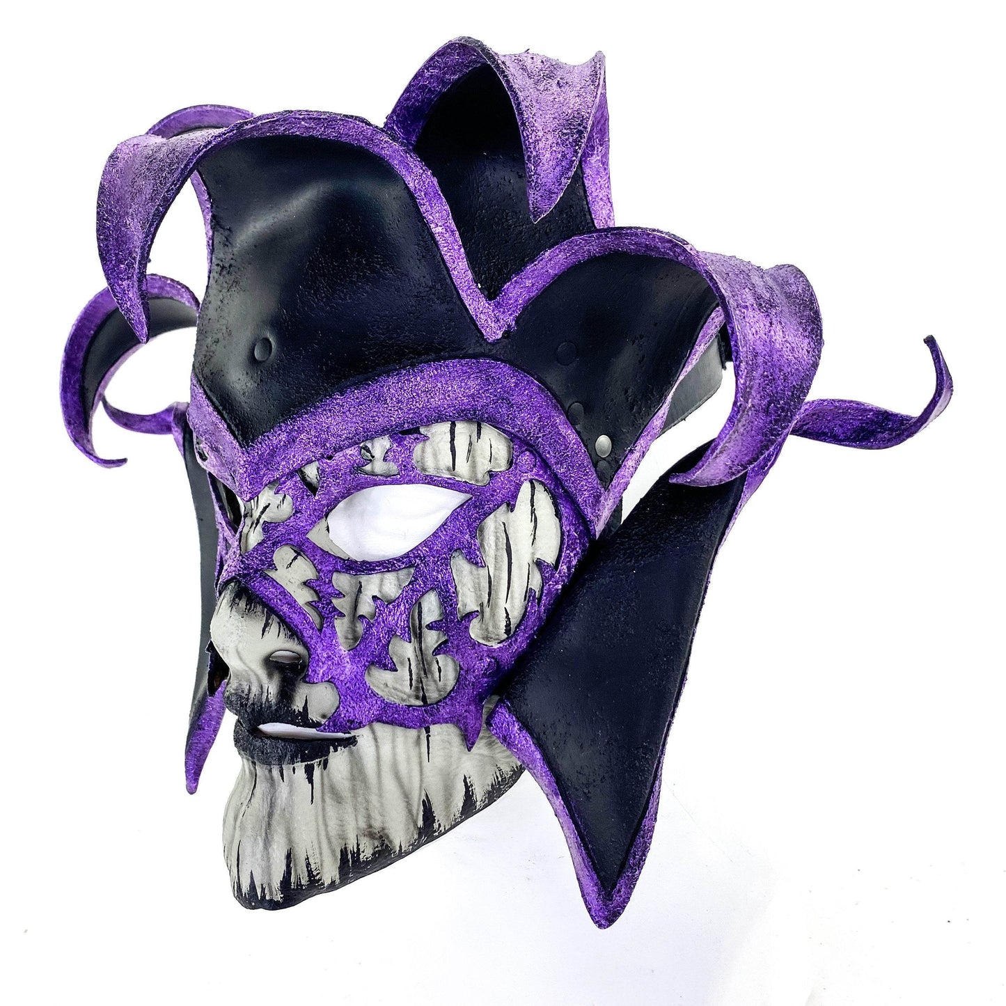 Venetian inspired Jester Mask in Purple and Black - Wearable or Wall Art - Handmade Genuine Leather - 