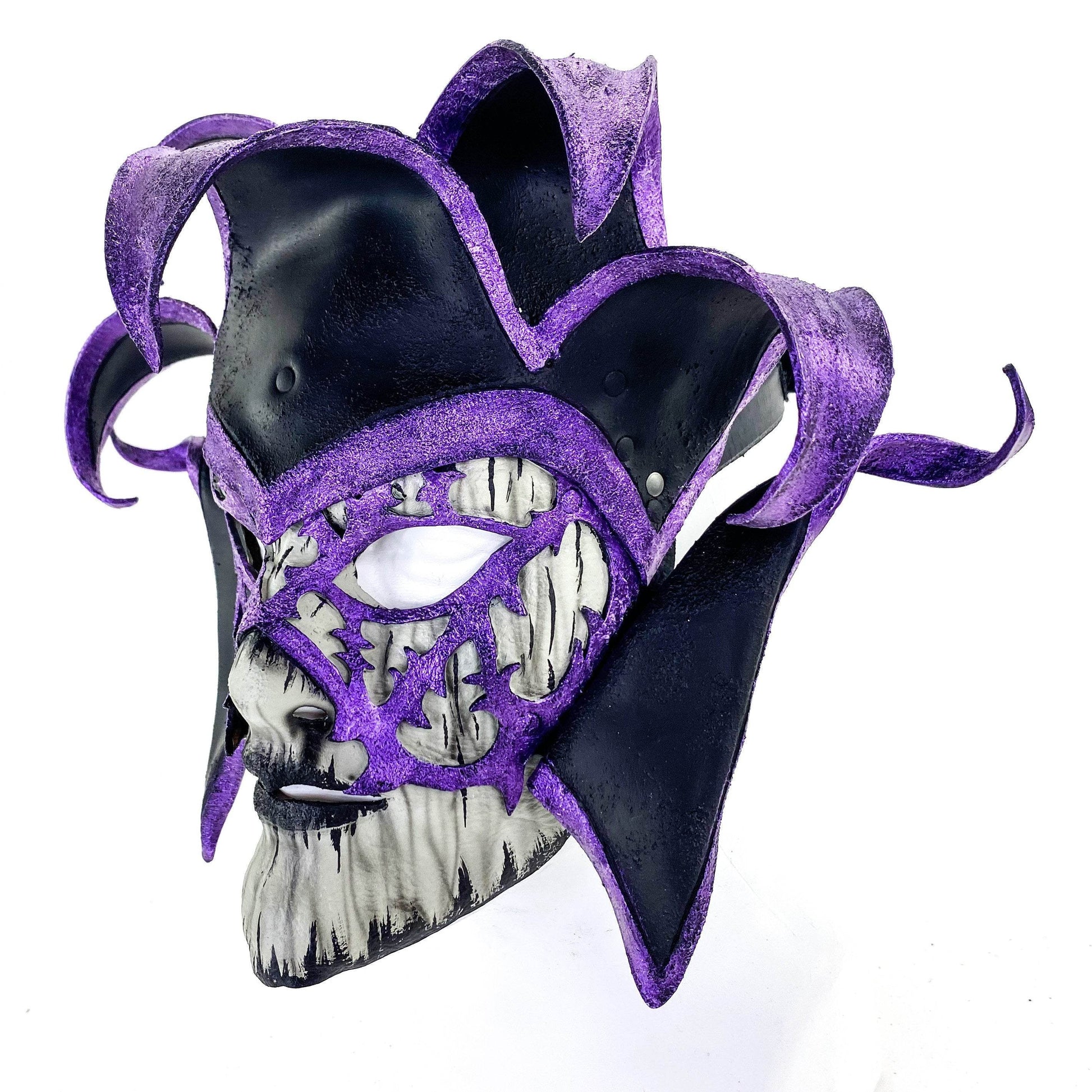 Venetian inspired Jester Mask in Purple and Black - Wearable or Wall Art - Handmade Genuine Leather - 