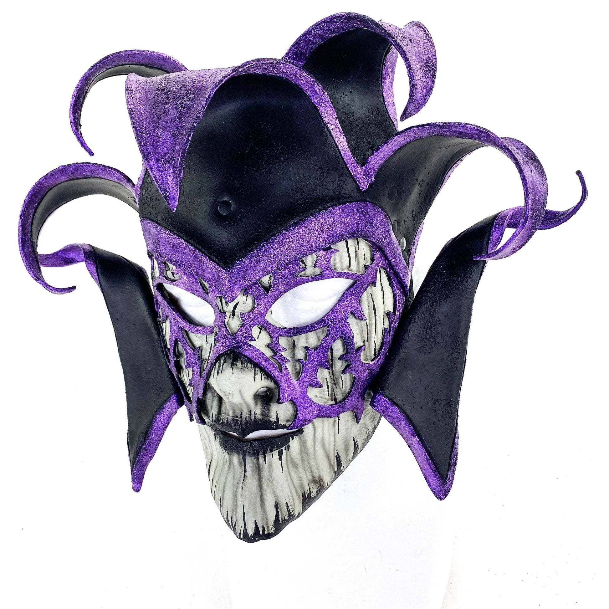 Venetian inspired Jester Mask in Purple and Black - Wearable or Wall Art - Handmade Genuine Leather - 
