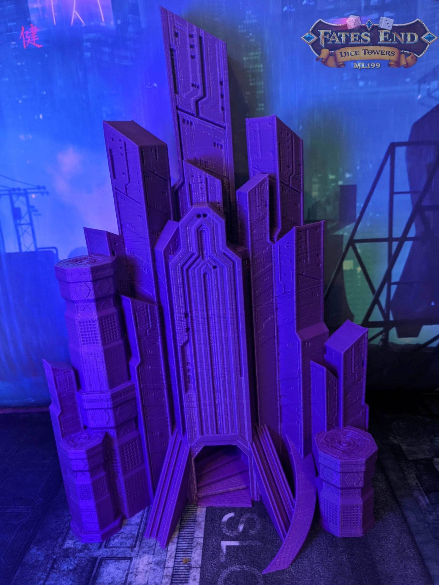 Cyberpunk Dice Tower - Fate's End Collection - Navigate Neon Realities and Futuristic Fates with Every Roll! - Black / Yes- Include Random Dice Set