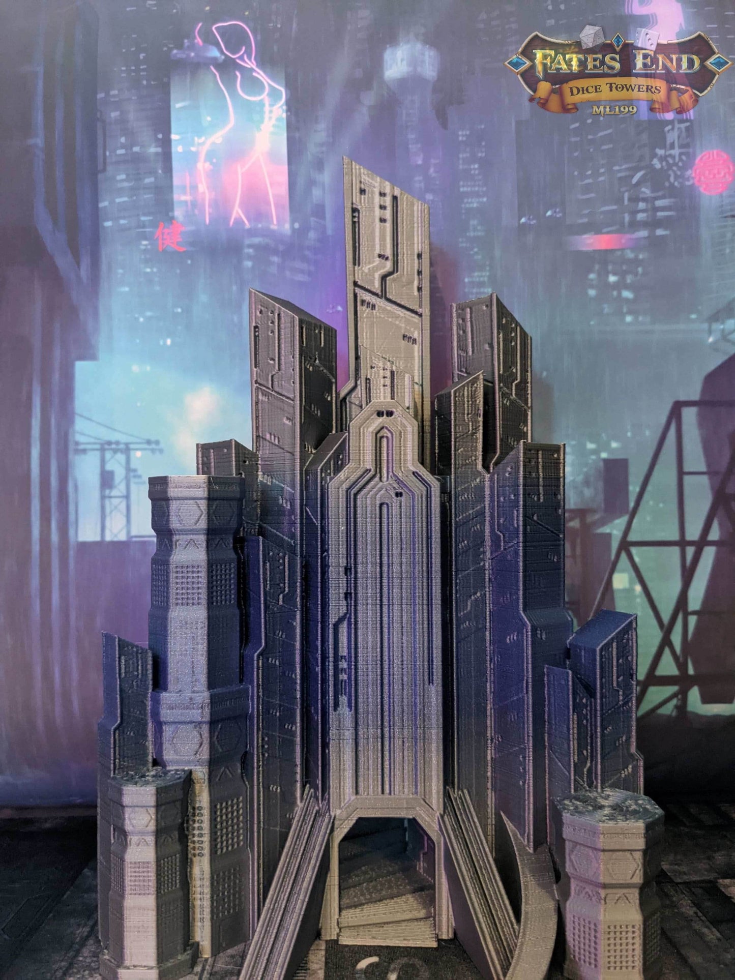Cyberpunk Dice Tower - Fate's End Collection - Navigate Neon Realities and Futuristic Fates with Every Roll! - Black / Yes- Include Random Dice Set