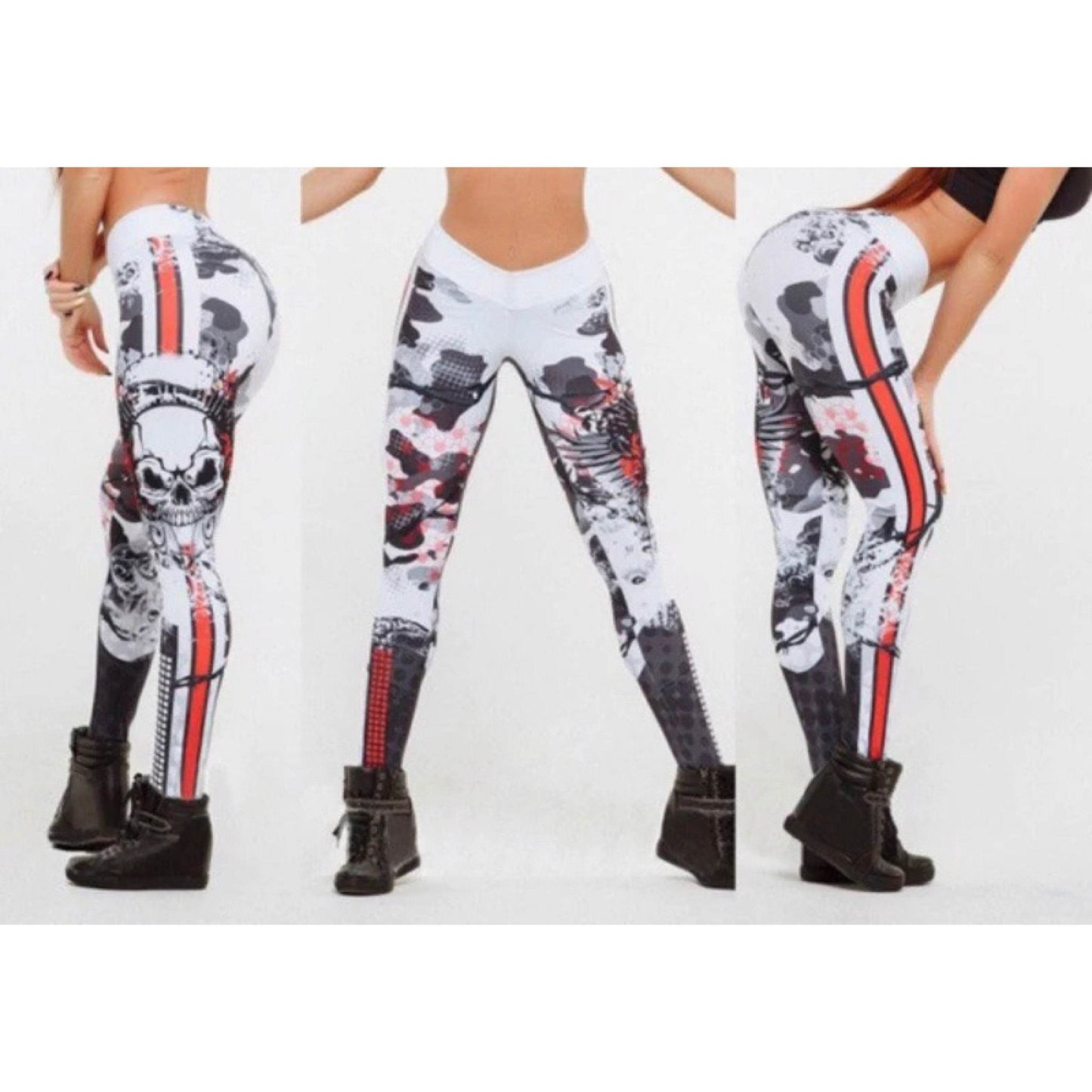 Skull Red Stripe Abstract Print Leggings | Yoga Pants | Dark Gothic Stretchy - Small