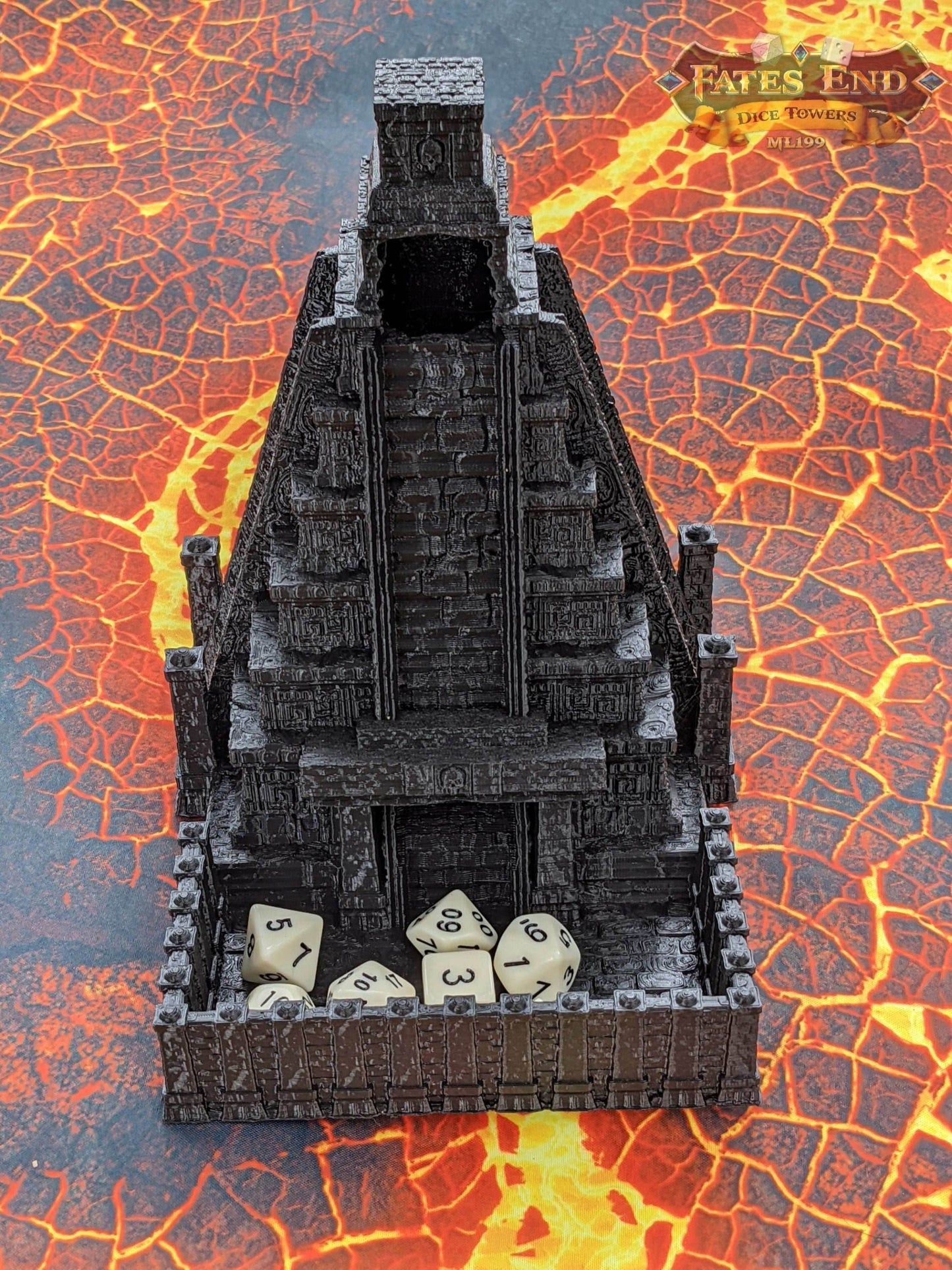 Aztec Style Temple 3D Printed Dice Tower - Fate's End Collection - Tabletop RPG - Unearth Ancient Rolls! - Black / Yes- Include Random Dice Set