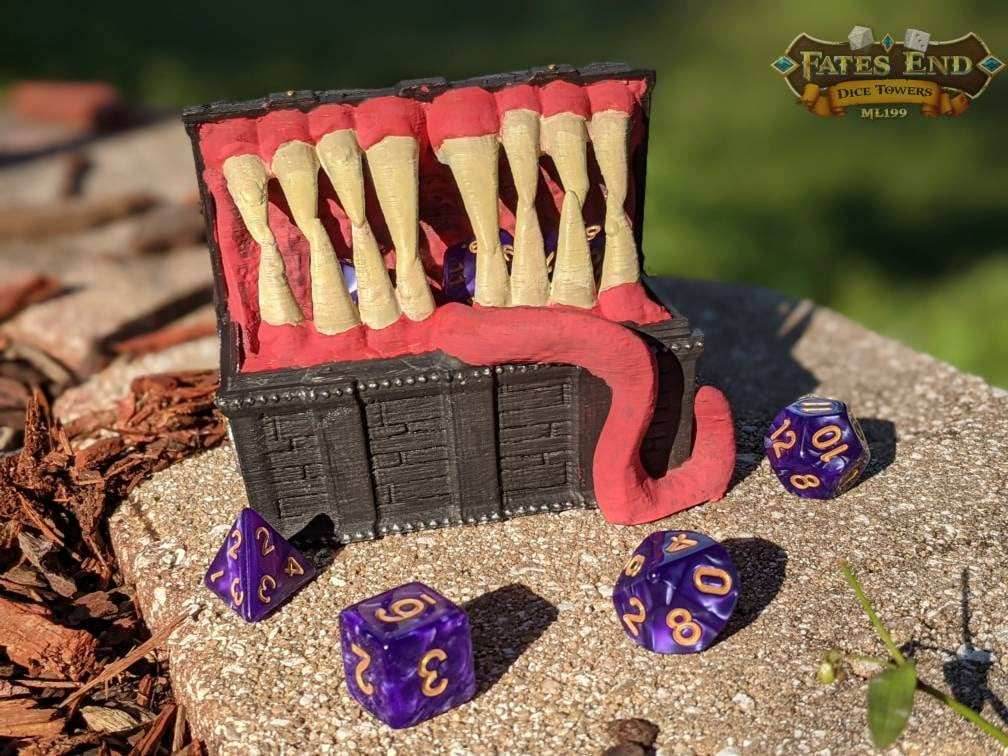 Mimic 3D Printed Dice Jail | RPG Dice Vault | D20 Box | Player Gift - Fate's End Collection - Beware this Treasure Chest Adventurers! - Black / Yes- Include Random Dice Set