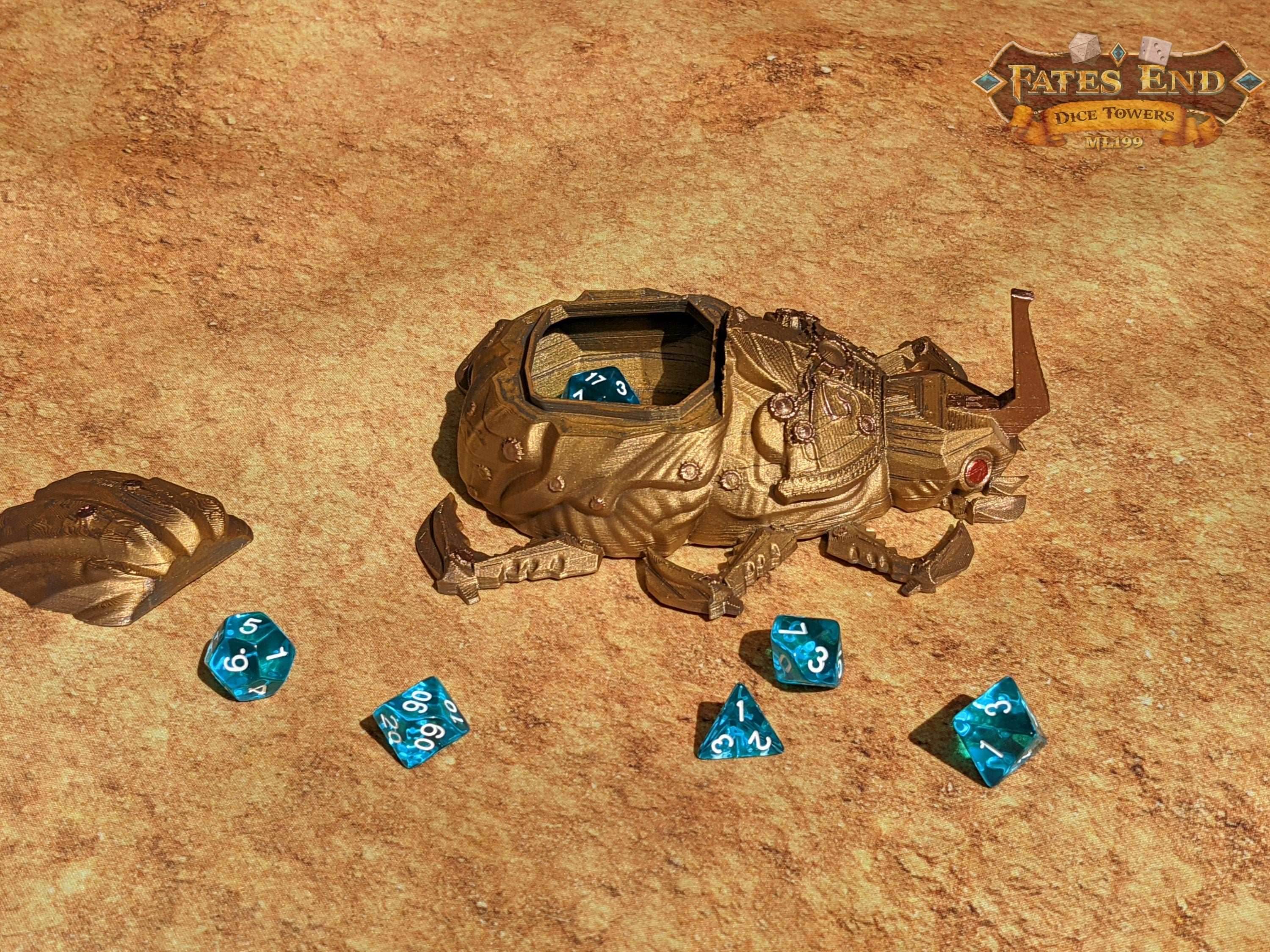 Clockwork Steampunk Scarab Dice Jail/Box/Vault - Fate's End Collection - Guard Your Dice with Ancient Gears and Timeless Elegance! - Black / Yes- Include Random Dice Set