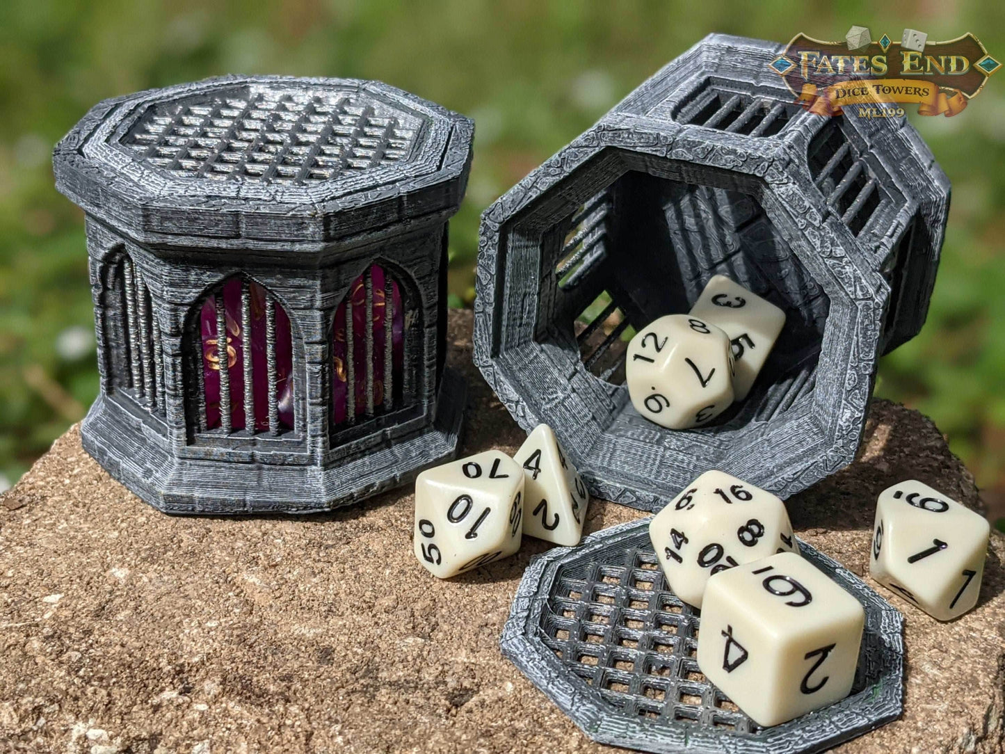 Stone 3D Printed Dice Jail - Fate's End Collection - Encase Wayward Rolls in Timeless Stone Fortresses! - Black / Yes- Include Random Dice Set