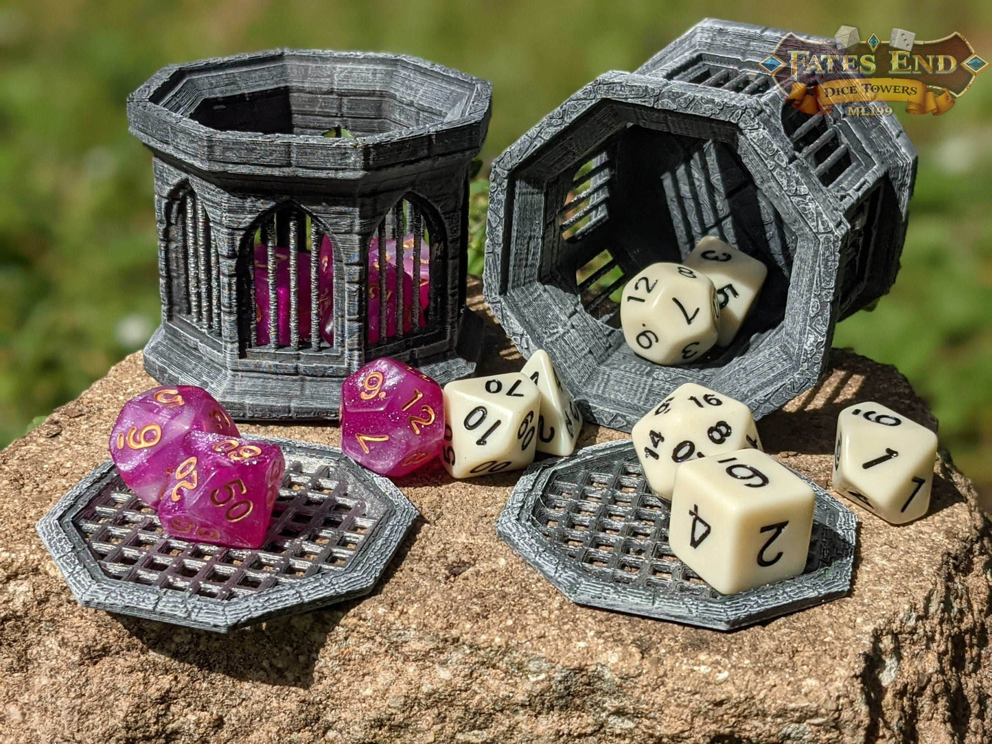 Stone 3D Printed Dice Jail - Fate's End Collection - Encase Wayward Rolls in Timeless Stone Fortresses! - Black / Yes- Include Random Dice Set