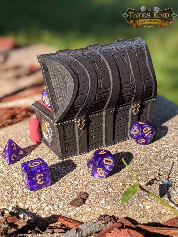 Mimic 3D Printed Dice Jail | RPG Dice Vault | D20 Box | Player Gift - Fate's End Collection - Beware this Treasure Chest Adventurers! - Black / Yes- Include Random Dice Set