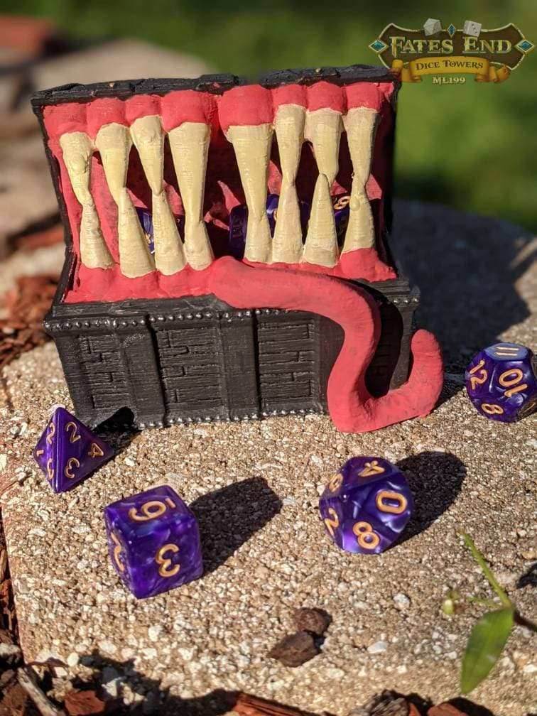 Mimic 3D Printed Dice Jail | RPG Dice Vault | D20 Box | Player Gift - Fate's End Collection - Beware this Treasure Chest Adventurers! - Black / Yes- Include Random Dice Set