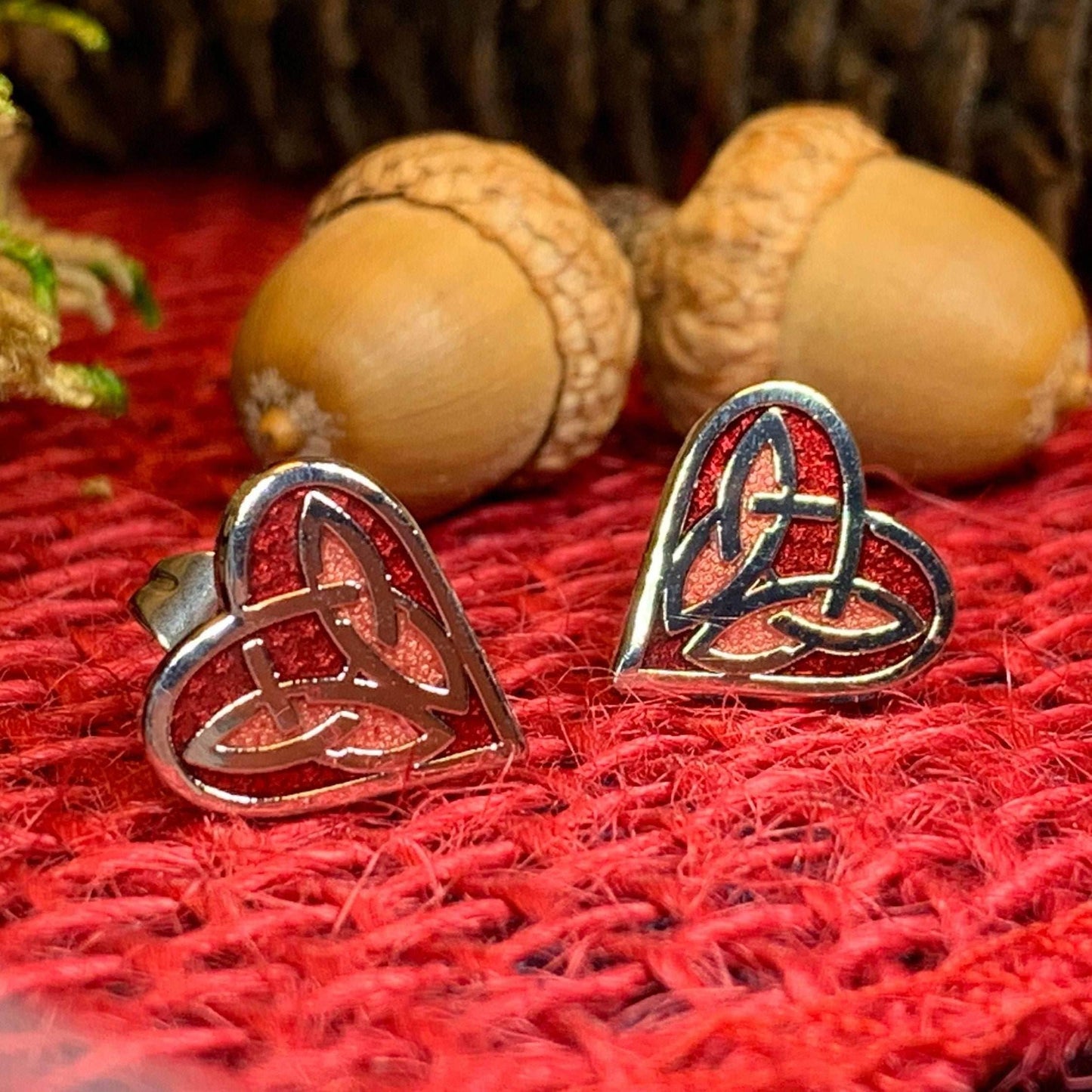 Celtic Heart Stud Earrings - Red