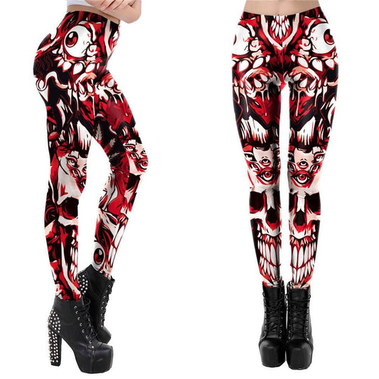 Eyeball Skull Red Print Leggings | Yoga Pants | Dark Skull Stretchy - Small