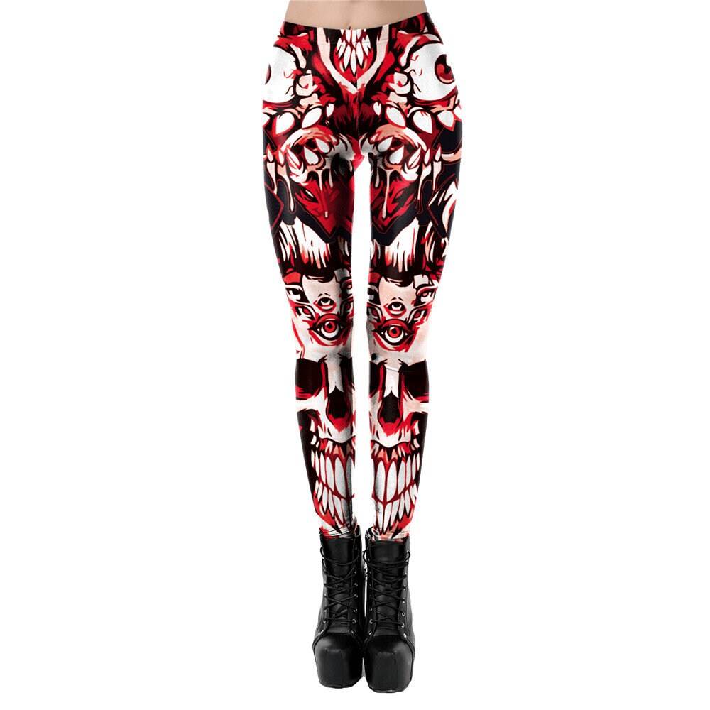 Eyeball Skull Red Print Leggings | Yoga Pants | Dark Skull Stretchy - Small