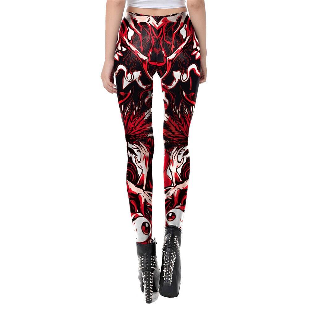 Eyeball Skull Red Print Leggings | Yoga Pants | Dark Skull Stretchy - Small