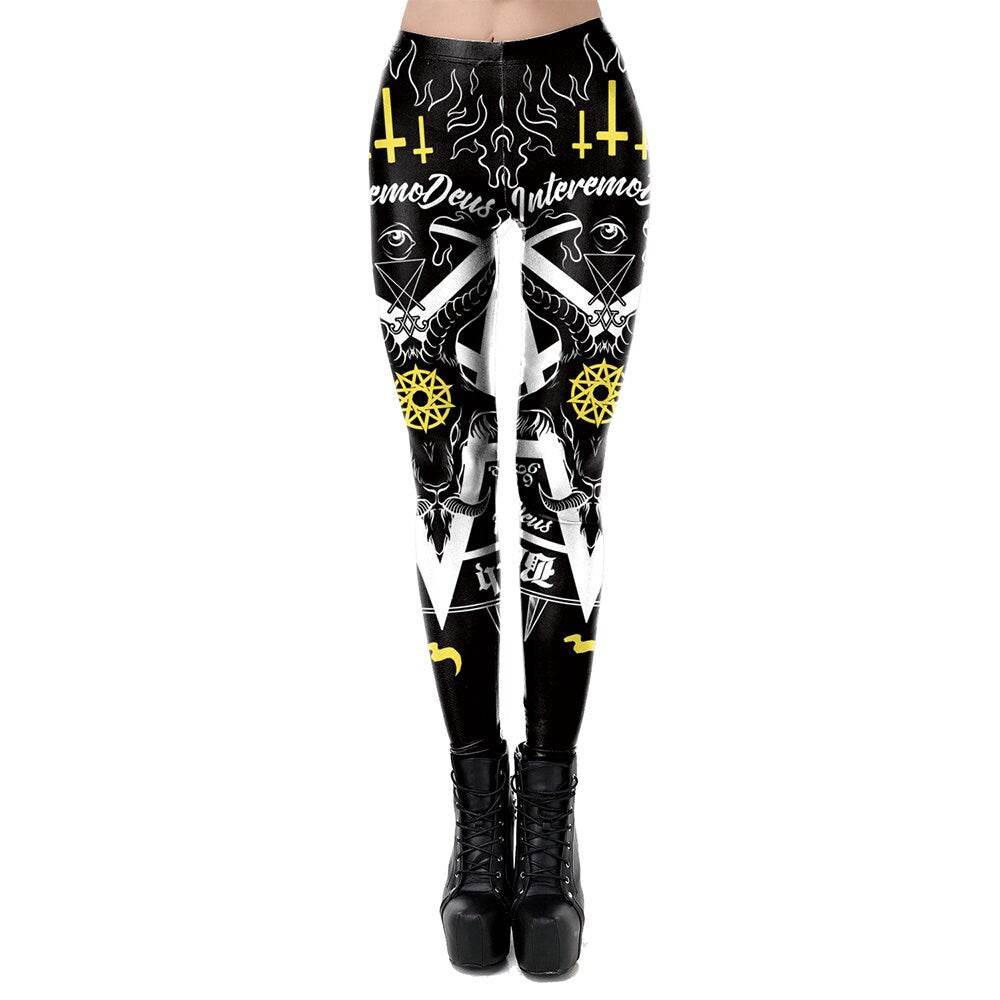 Occult Pentagram Print Leggings | Yoga Pants | Dark Skull Stretchy - Small