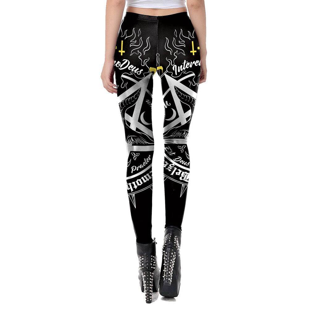 Occult Pentagram Print Leggings | Yoga Pants | Dark Skull Stretchy - Small
