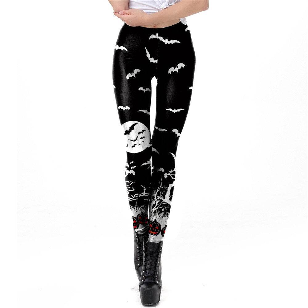 Halloween Bats n Moon Print Leggings | Yoga Pants | Dark Skull Stretchy - Small