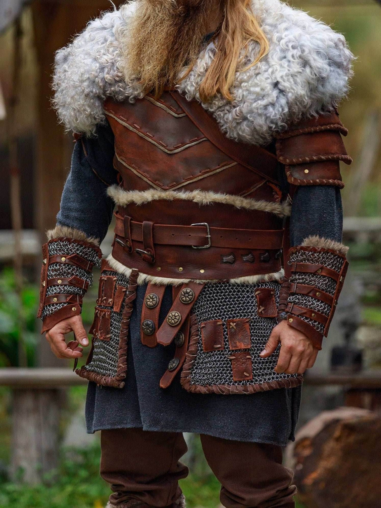 Warlord leather bracers with сhainmail - brown (as pictured)