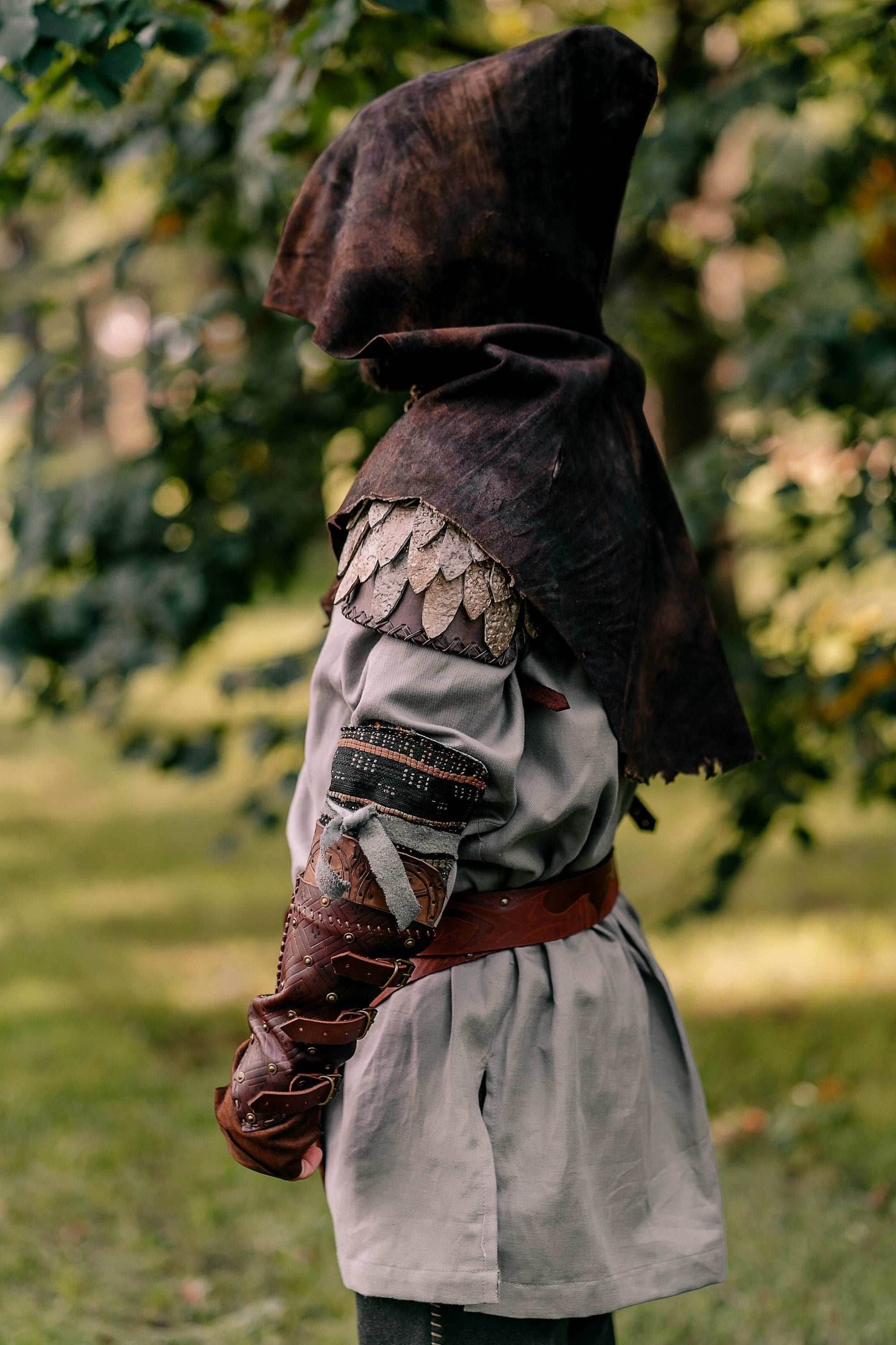 Medieval warlord leather hood with mantle - S / Black