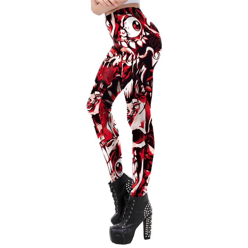Eyeball Skull Red Print Leggings | Yoga Pants | Dark Skull Stretchy - Small