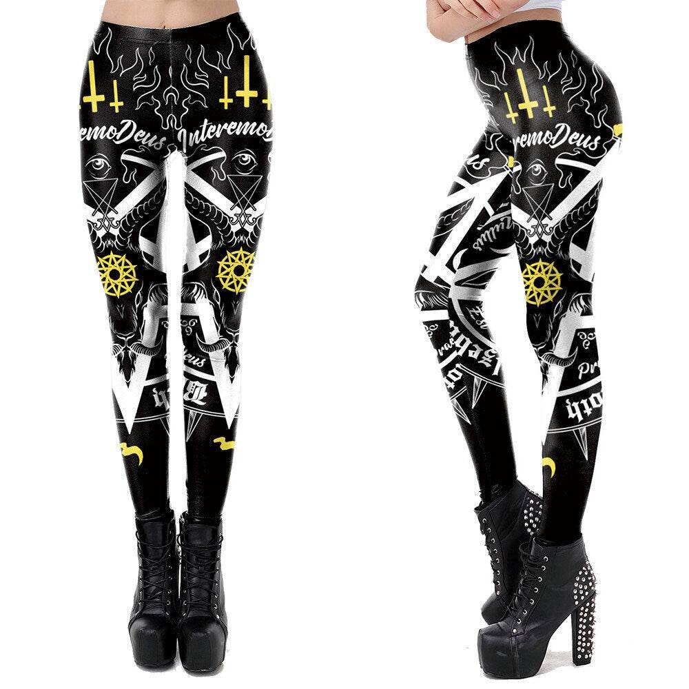 Occult Pentagram Print Leggings | Yoga Pants | Dark Skull Stretchy - Small