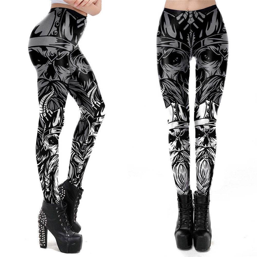Viking Skull Print Leggings | Yoga Pants | Dark Skull Stretchy - Small