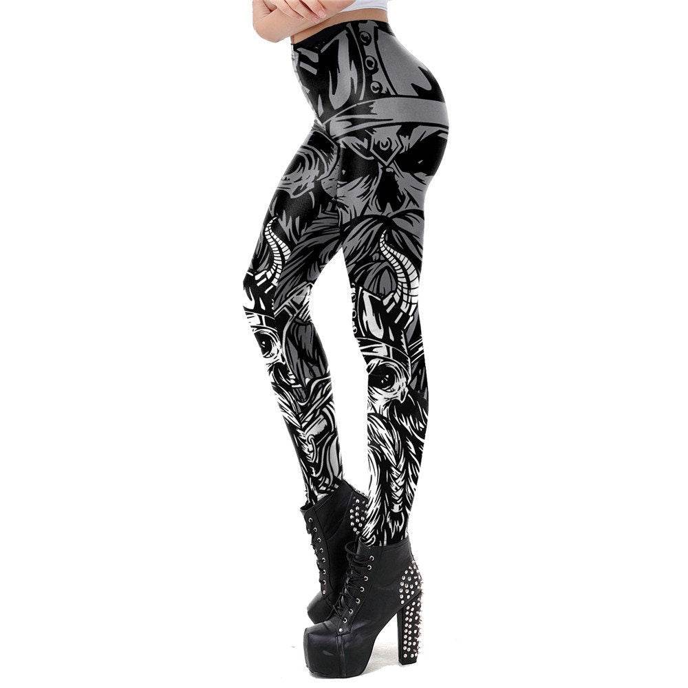 Viking Skull Print Leggings | Yoga Pants | Dark Skull Stretchy - Small