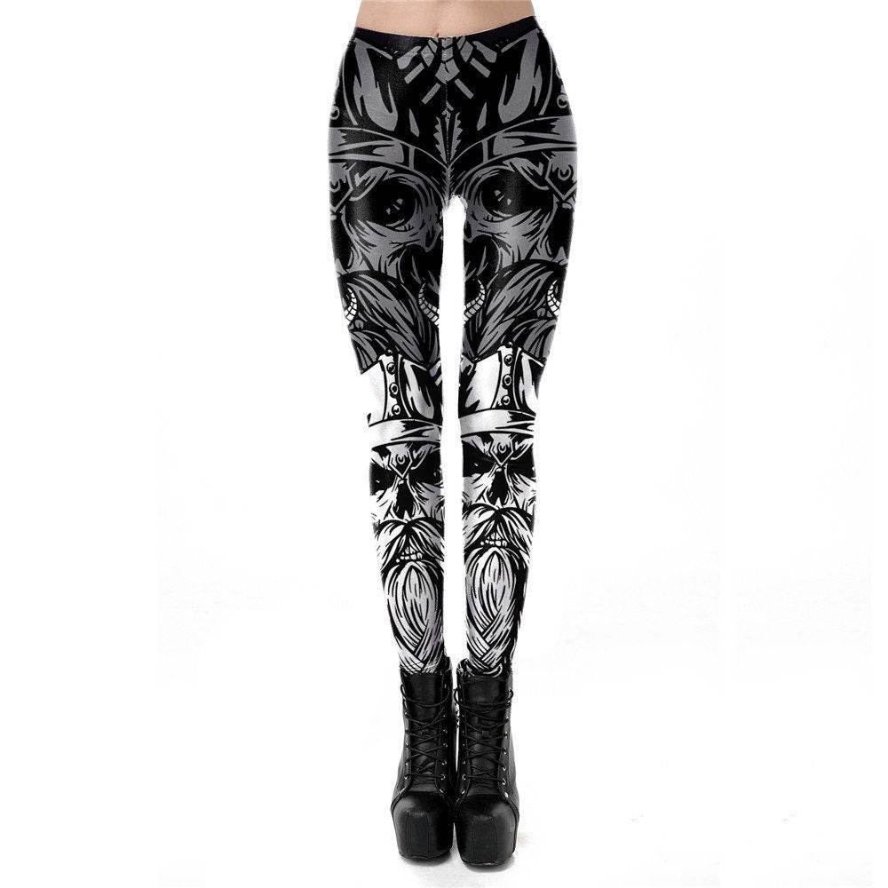 Viking Skull Print Leggings | Yoga Pants | Dark Skull Stretchy - Small