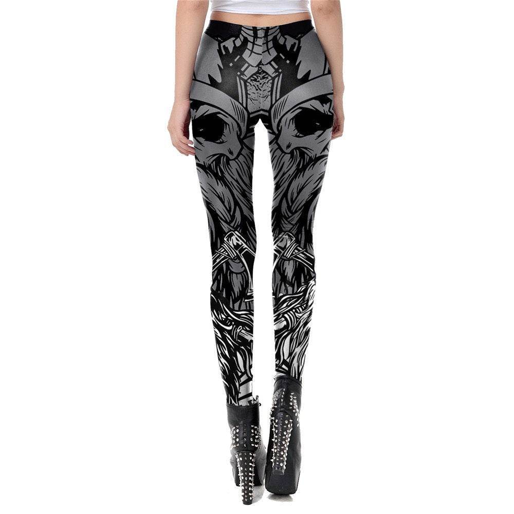 Viking Skull Print Leggings | Yoga Pants | Dark Skull Stretchy - Small