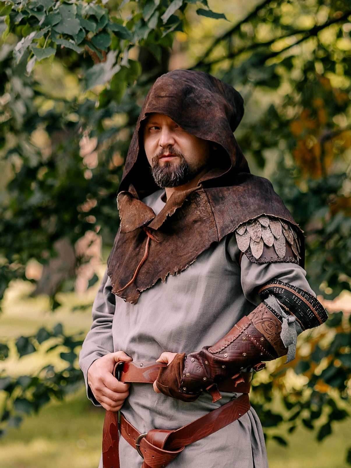 Medieval warlord leather hood with mantle - S / Black