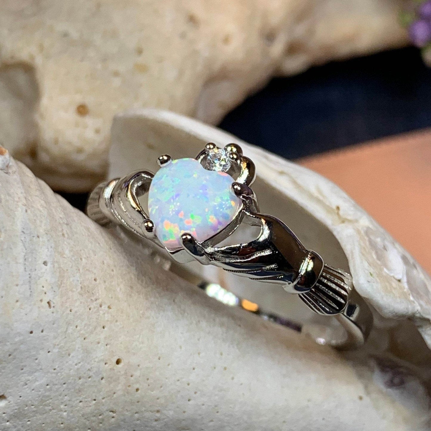 White Fire Opal Claddagh Ring - 4