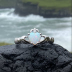 White Fire Opal Claddagh Ring