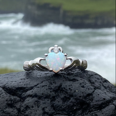 White Fire Opal Claddagh Ring
