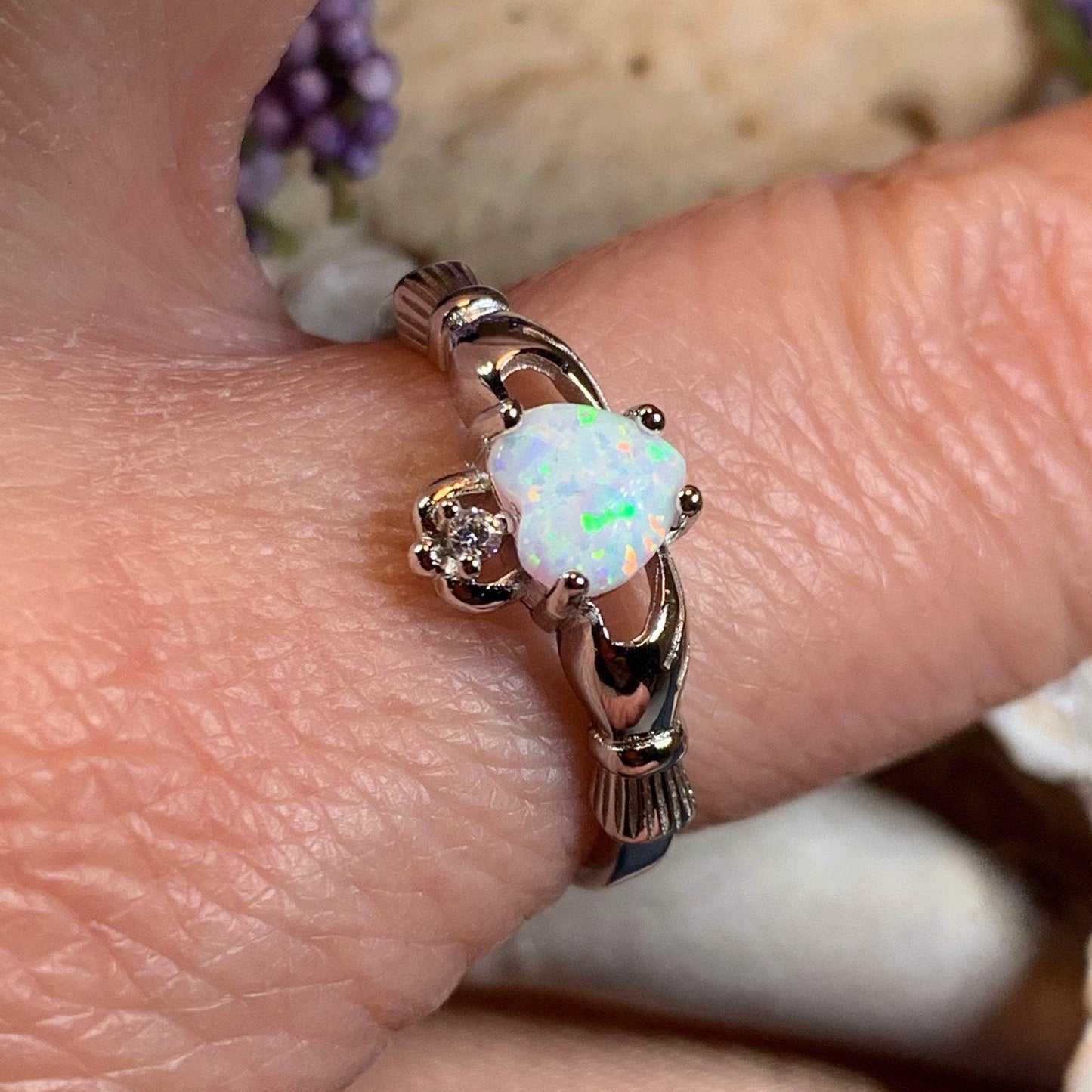 White Fire Opal Claddagh Ring - 4