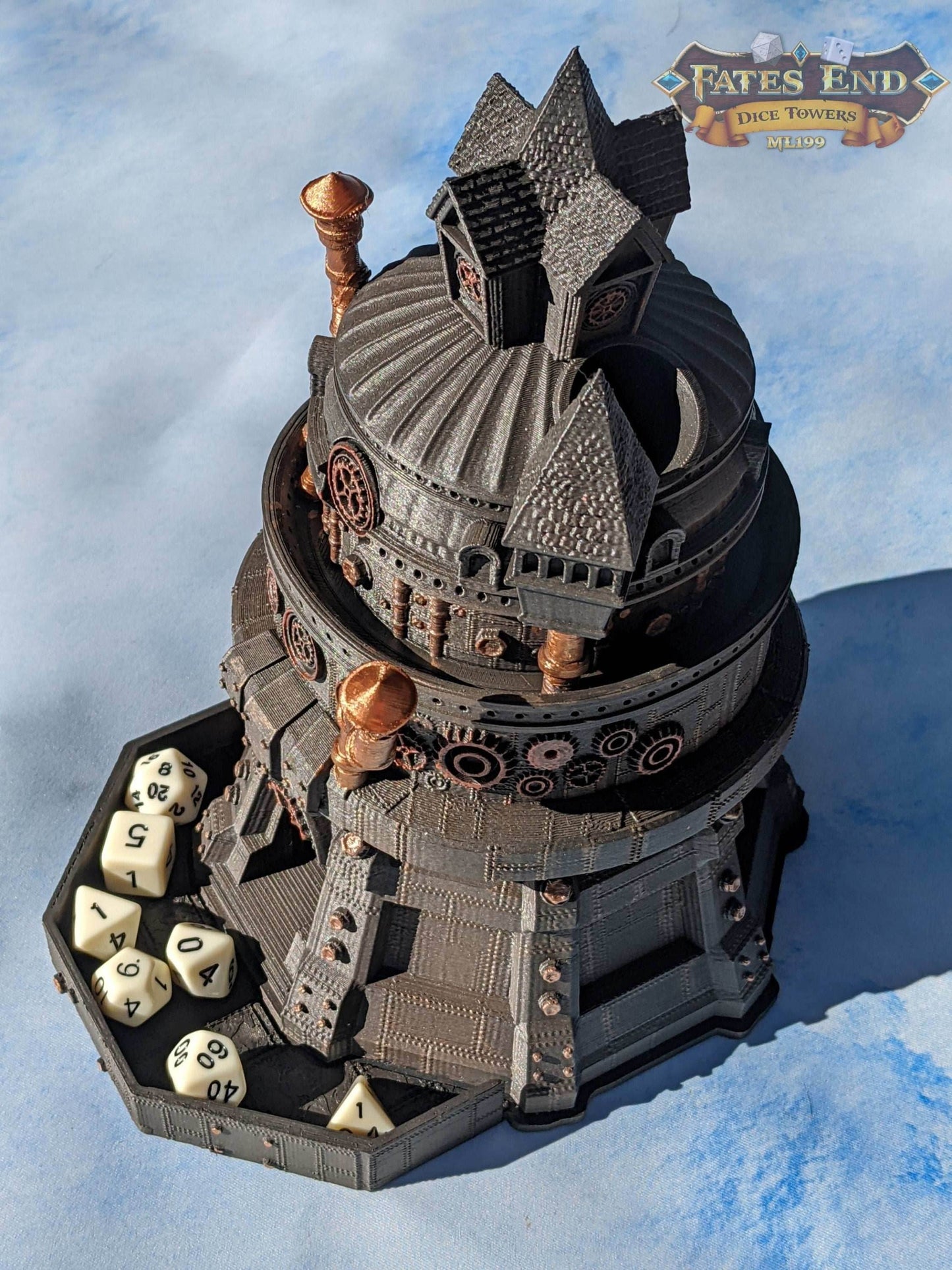 Artificer Class Steampunk 3D Printed Dice Tower- Fate's End - Embrace Precision with a Masterpiece of Dice-Rolling Ingenuity - Black / Yes- Include Random Dice Set