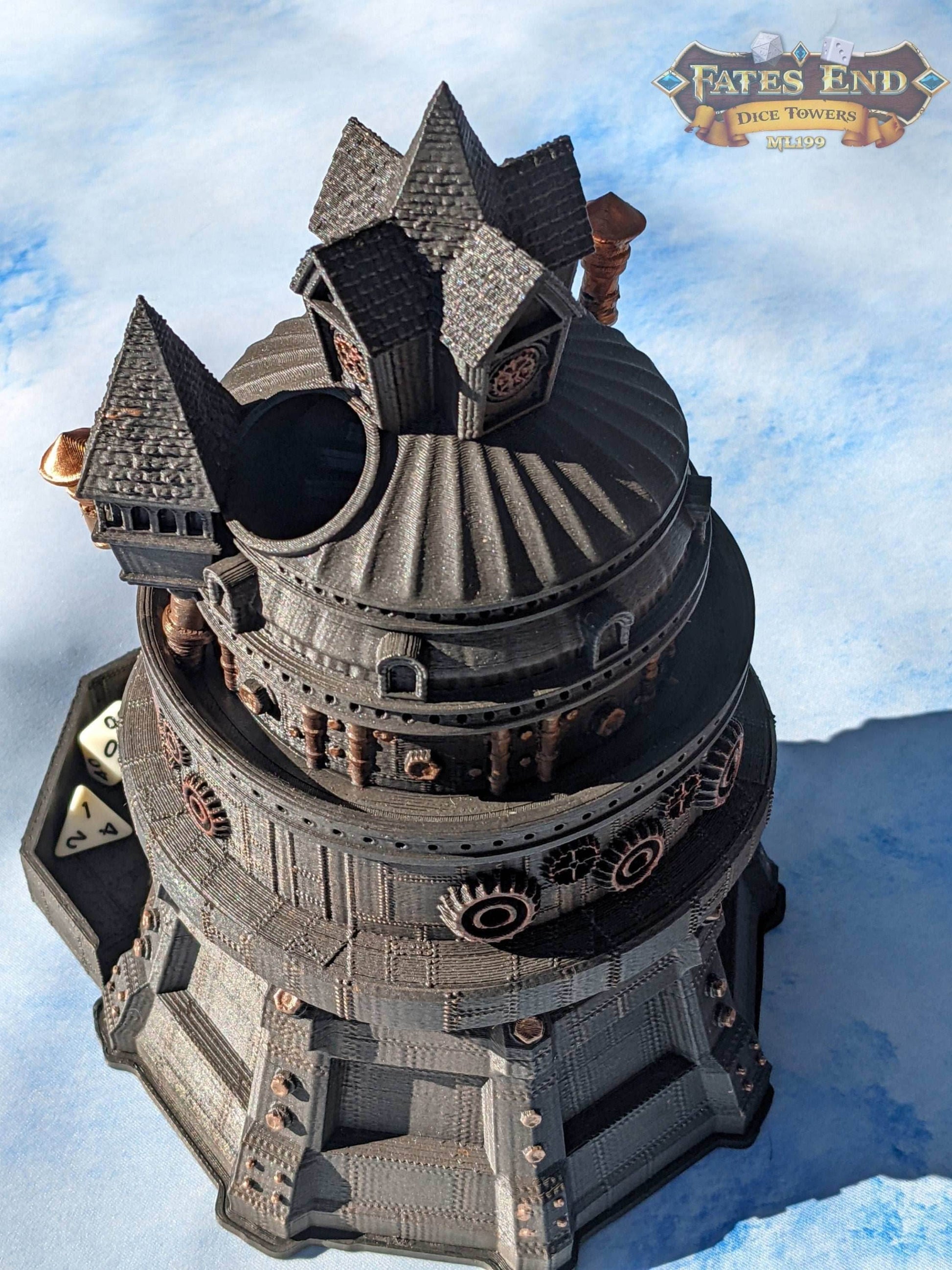 Artificer Class Steampunk 3D Printed Dice Tower- Fate's End - Embrace Precision with a Masterpiece of Dice-Rolling Ingenuity - Black / Yes- Include Random Dice Set
