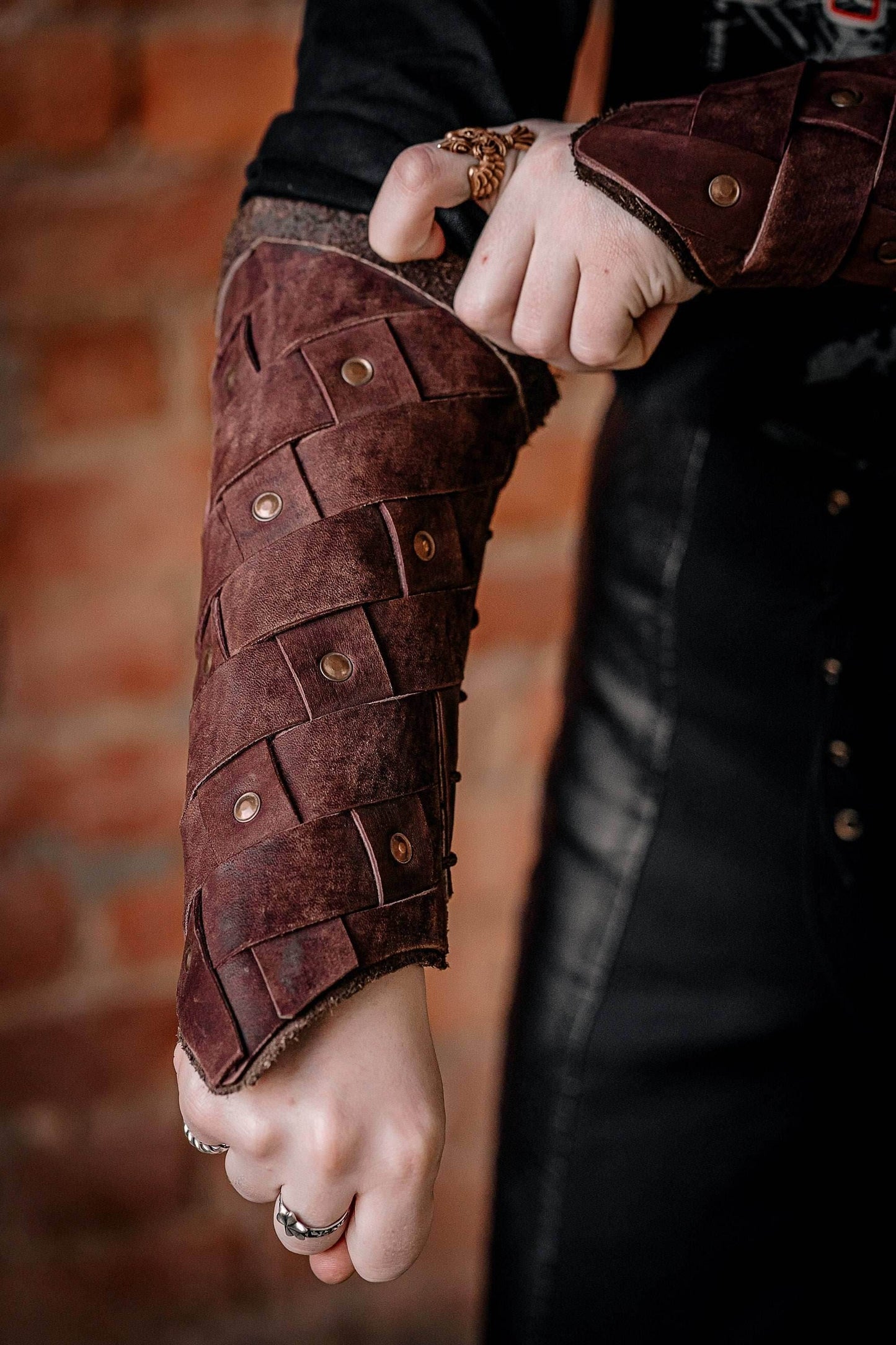 Medieval leather bracers for Larp - Brown (like foto) / For one hand