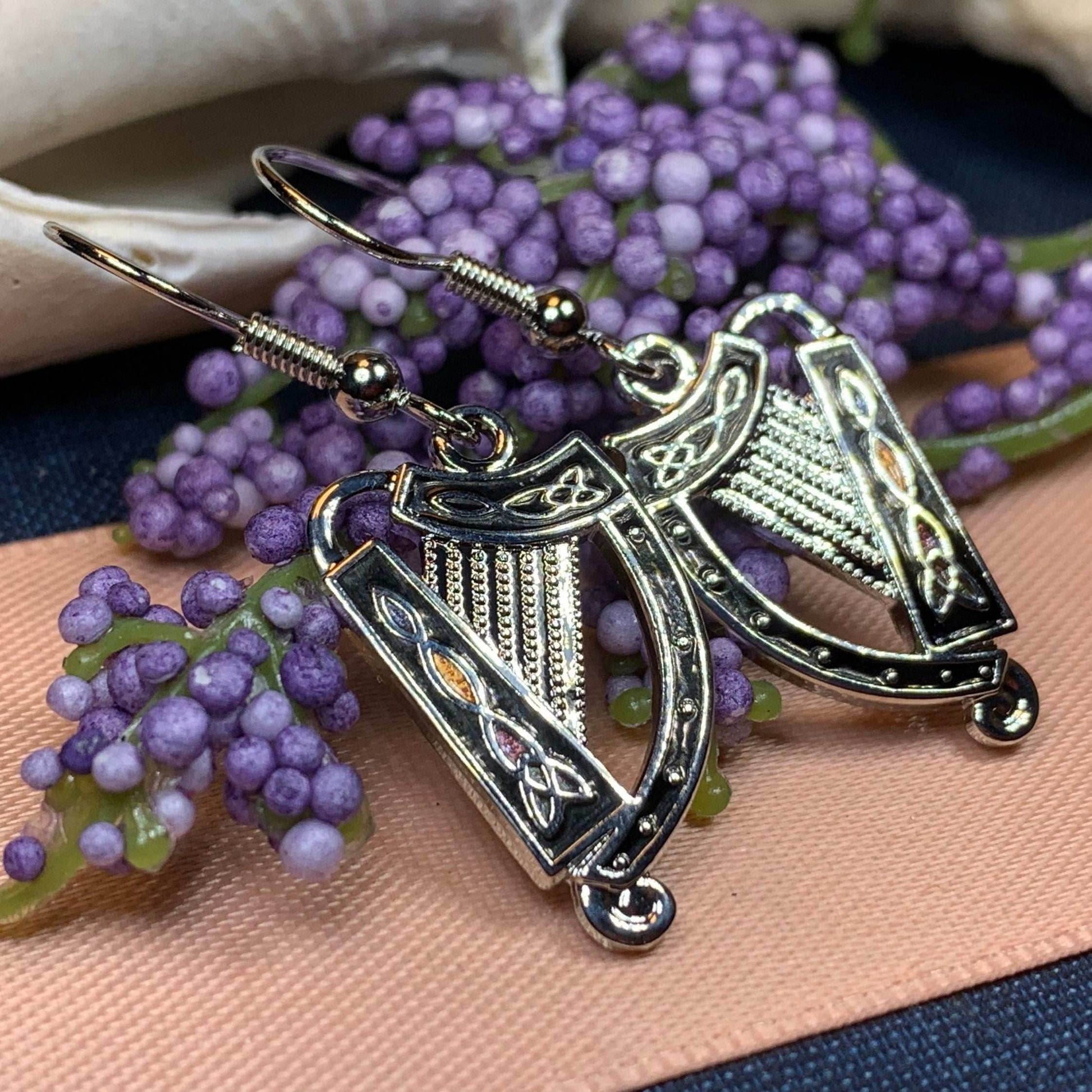 Celtic Harp Earrings - Silver Tone