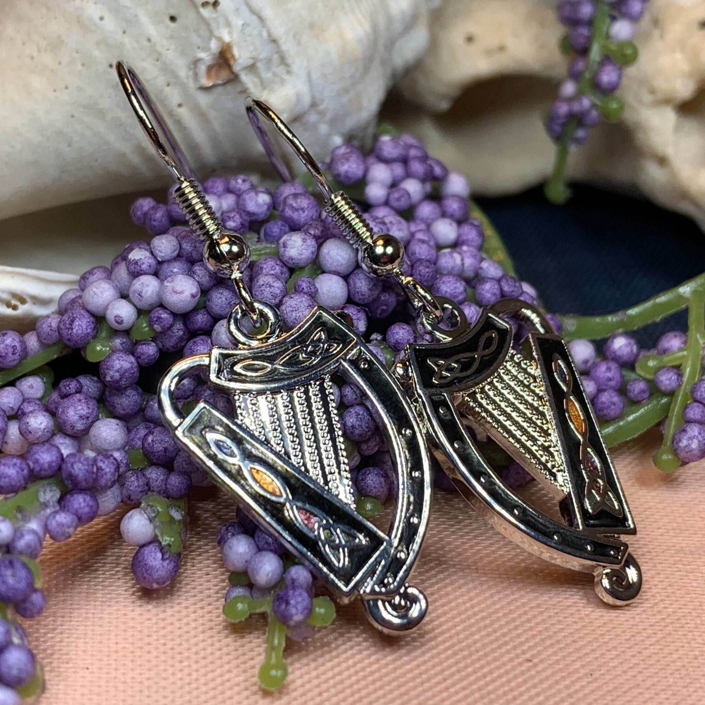 Celtic Harp Earrings - Silver Tone