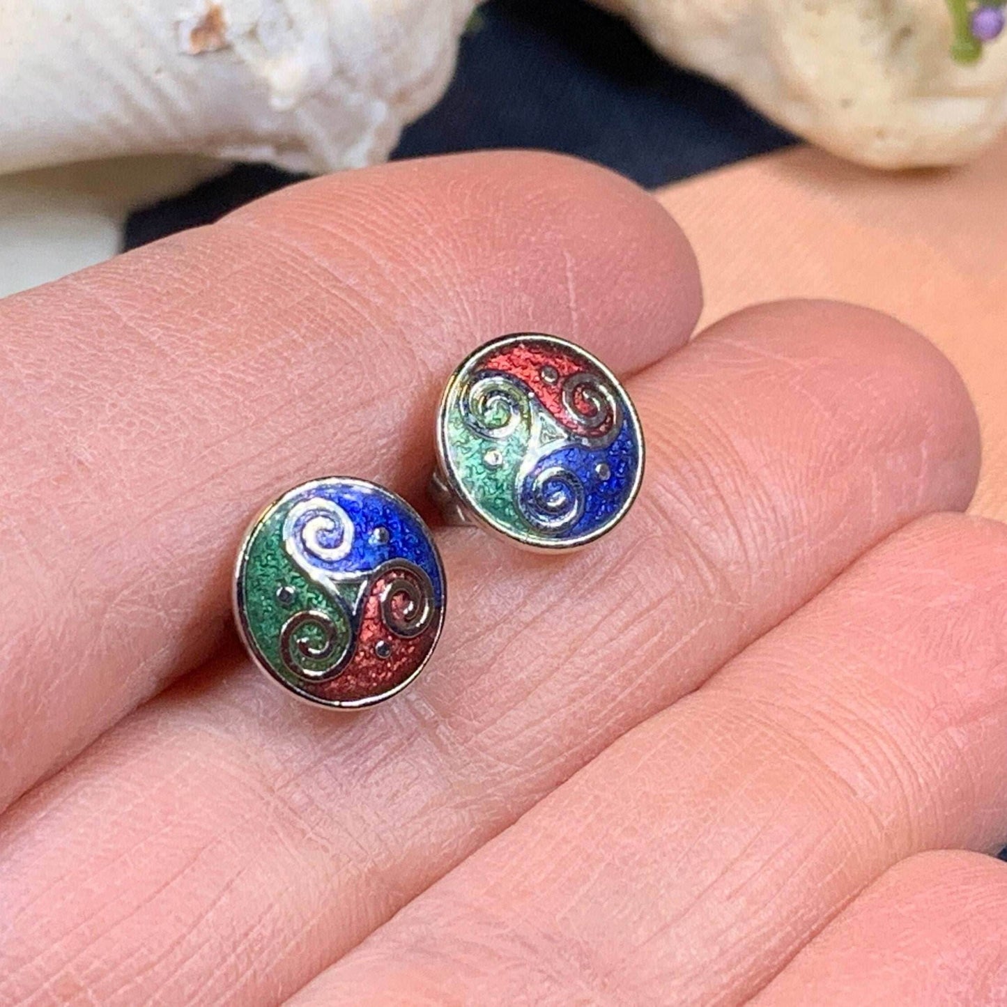 Celtic Triskele Stud Earrings - Green