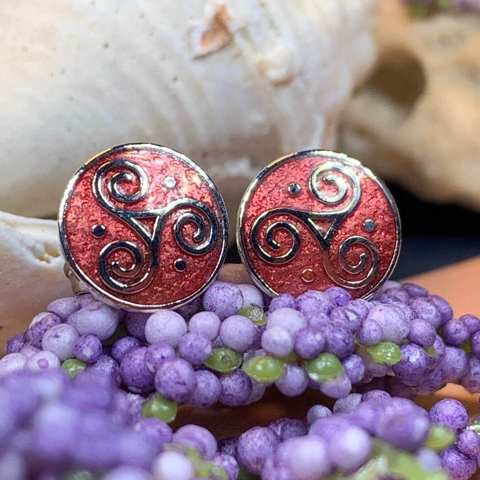 Celtic Triskele Stud Earrings - Red