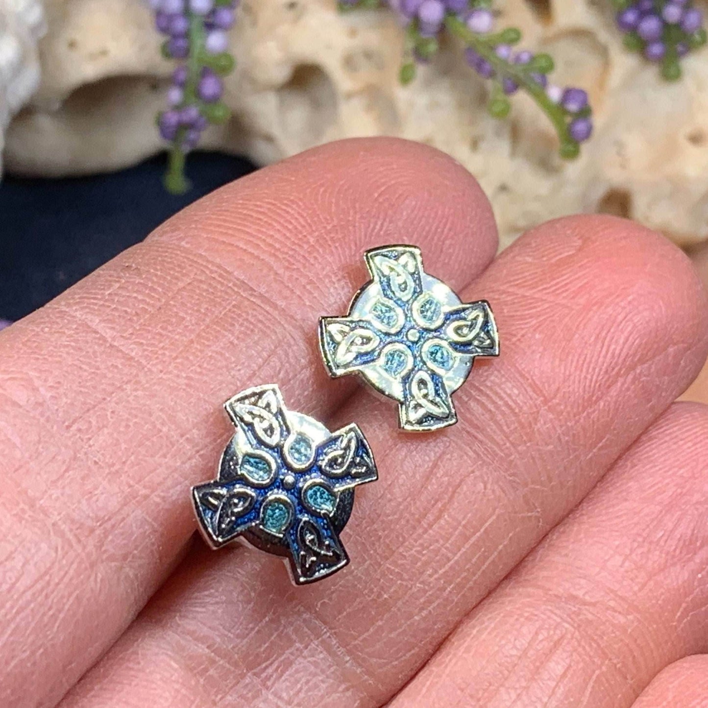 Enamel Celtic Cross Stud Earrings - Green