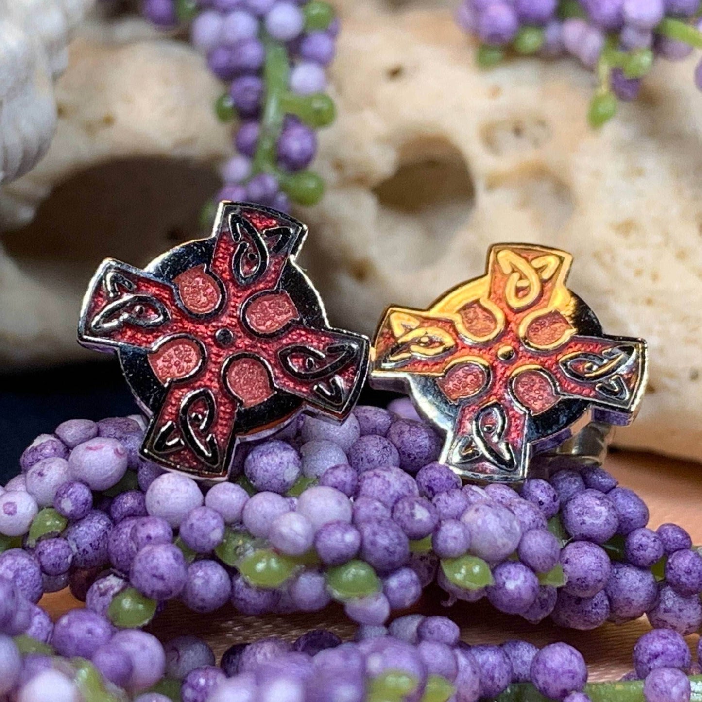 Enamel Celtic Cross Stud Earrings - Red